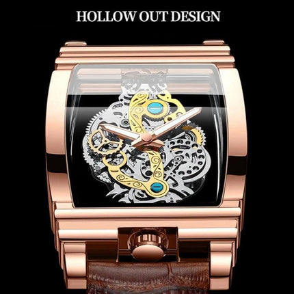 BINBOND Luminous Waterproof Men's Business Watch rose gold hollow-out skeleton face with leather strap, luminous hands for low-light visibility