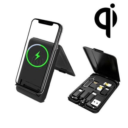 Portable Folding Phone Stand and Wireless Charger for Daily Use shown folded and in A-frame position charging phone with compact accessory kit