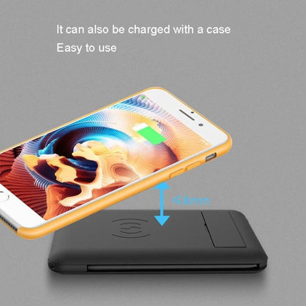 Portable Folding Phone Stand and Wireless Charger for Daily Use showing wireless charging through a phone case and compact folded design