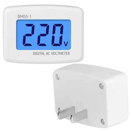 LCD Digital Voltmeter for AC Voltage Measurement at Home - compact plug-in meter with clear blue LCD showing 220V for homeowner safety checks