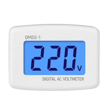LCD Digital Voltmeter for AC Voltage Measurement at Home showing 220V on blue LCD screen for household outlet monitoring