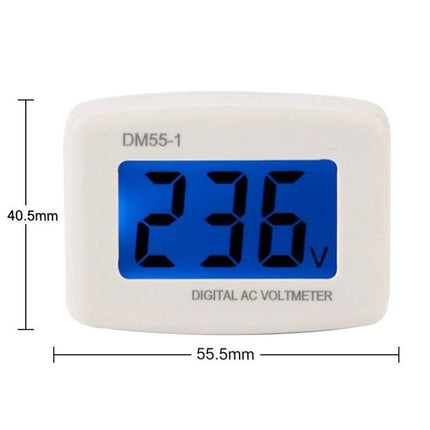 LCD Digital Voltmeter for AC Voltage Measurement at Home — compact DM55-1 with clear blue LCD showing 236V for household outlet checks