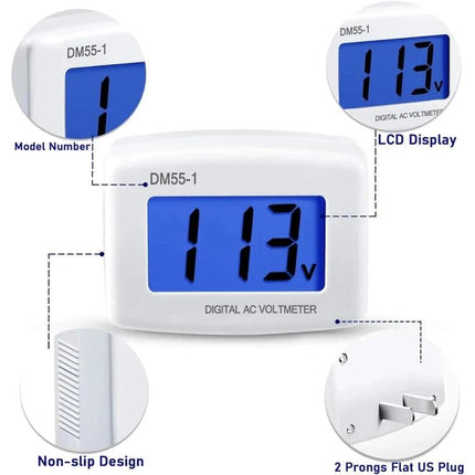 LCD Digital Voltmeter for AC Voltage Measurement at Home - compact LCD display, non-slip case, 2-prong US plug for outlet voltage monitoring