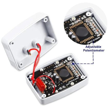 LCD Digital Voltmeter for AC Voltage Measurement at Home showing open white enclosure, PCB, adjustable potentiometer and red wiring