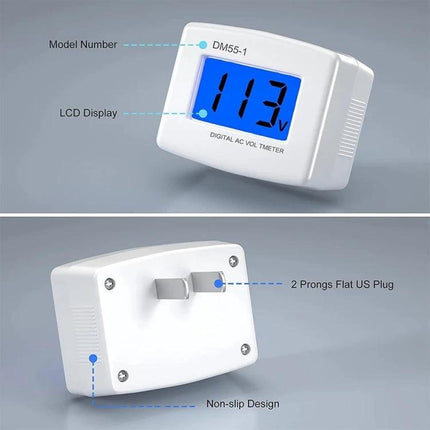 LCD Digital Voltmeter for AC Voltage Measurement at Home with clear blue LCD screen showing 113V, compact plug-in design for home outlets
