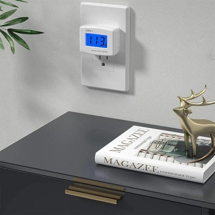 LCD Digital Voltmeter for AC Voltage Measurement at Home plugged into wall outlet with clear blue LCD reading 113V for DIY homeowners