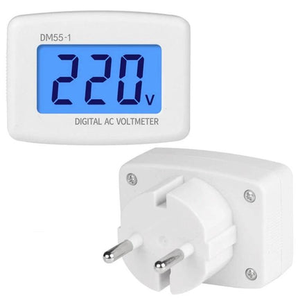 LCD Digital Voltmeter for AC Voltage Measurement at Home showing 220V on clear LCD screen, plug-in design for monitoring home outlets