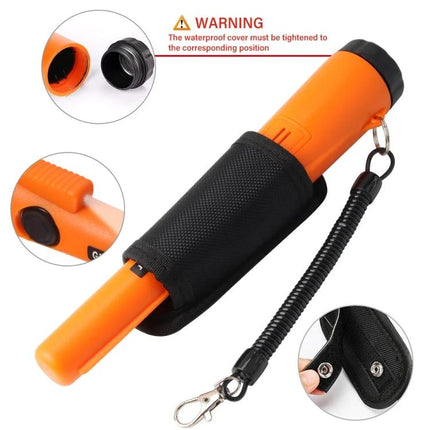 Waterproof Handheld Metal Detector for Treasure Hunting and Security in orange with sheath, wrist coil and waterproof cap, 360-degree scanning, adjustable sensitivity