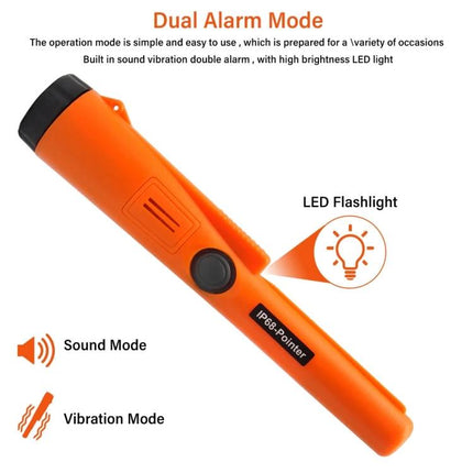 Waterproof Handheld Metal Detector for Treasure Hunting and Security orange pinpointer with LED flashlight, sound and vibration alarm modes, 360-degree scanning