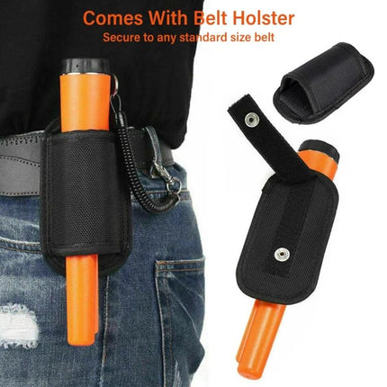 Waterproof Handheld Metal Detector for Treasure Hunting and Security shown in belt holster with orange handheld probe