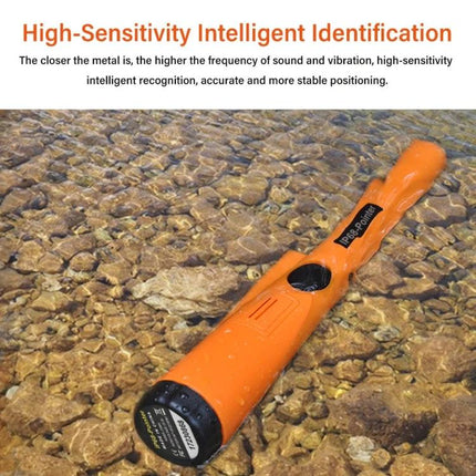 Waterproof Handheld Metal Detector for Treasure Hunting and Security shown orange pinpointer scanning shallow rocky water, high-sensitivity 360° detection