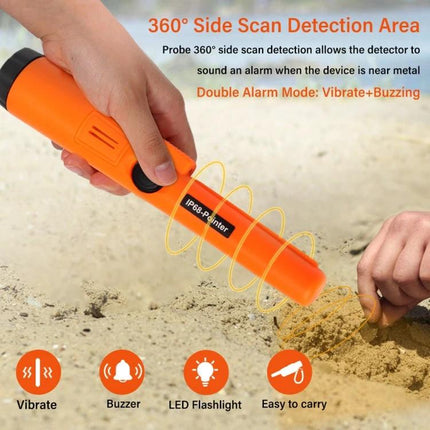 Waterproof Handheld Metal Detector for Treasure Hunting and Security scanning beach sand with 360° side scan, adjustable sensitivity, vibrate and buzzer alerts