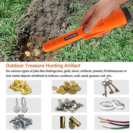 Waterproof Handheld Metal Detector for Treasure Hunting and Security scanning coins and jewelry in wet grassy ground with 360-degree detection