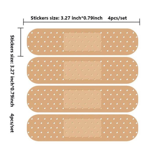 Set of 5 PVC Band-Aid Stickers for Hiding Scratches on Laptops and Cars - beige PVC scratch cover stickers displayed 4 per set with dimensions