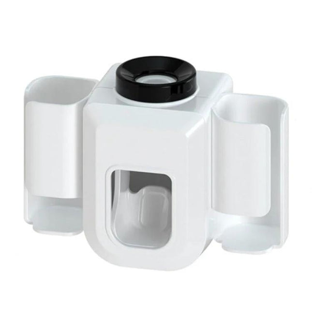Practical Wall-Mounted Toothpaste Holder for Everyday Bathroom Use white dispenser with toothbrush cups and one-press toothpaste control