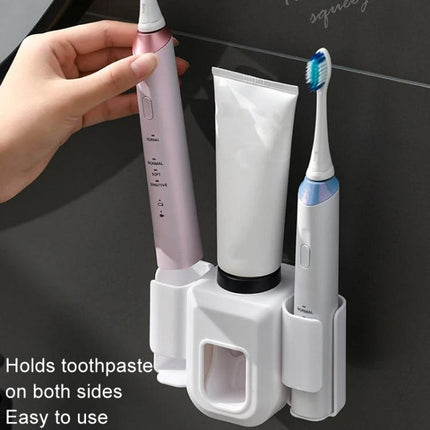 Practical Wall-Mounted Toothpaste Holder for Everyday Bathroom Use - white dispenser organizing toothbrushes and toothpaste