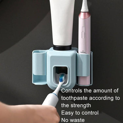 Practical Wall-Mounted Toothpaste Holder for Everyday Bathroom Use - blue dispenser with electric toothbrush and toothpaste tube, no-waste press control