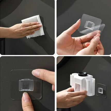 Practical Wall-Mounted Toothpaste Holder for Everyday Bathroom Use showing adhesive installation steps and mounted dispenser