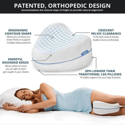 Memory Foam Leg Pillow With Double Inner Groove For Orthopedic Support shown in ergonomic contour shape next to side-sleeping woman for knee hip lower back relief