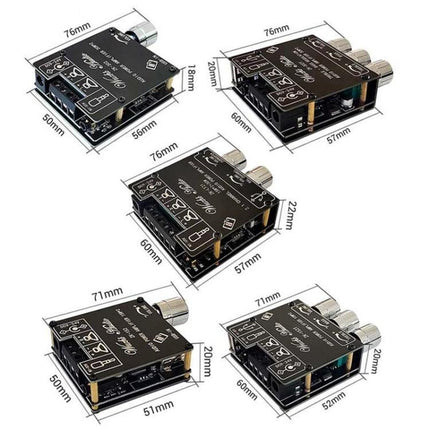 Wireless Bluetooth Audio Receiver with Amplifier for Home Stereo Systems compact black module with knobs and measurements shown