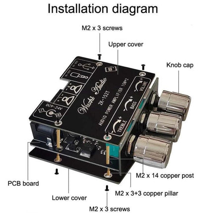 Wireless Bluetooth Audio Receiver with Amplifier for Home Stereo Systems installation diagram showing PCB board, upper and lower covers, knobs and screw locations