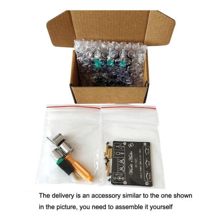 Wireless Bluetooth Audio Receiver with Amplifier for Home Stereo Systems shown with packing, connectors and assembly parts ready to install