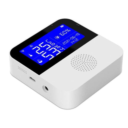 Tuya WiFi Temperature and Humidity Sensor for Home Monitoring white sensor with blue LCD showing temp and humidity, speaker and ports