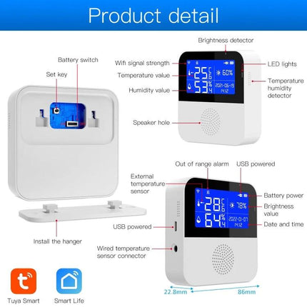 Tuya WiFi Temperature and Humidity Sensor for Home Monitoring product diagram showing display, sensors, USB power, and installation