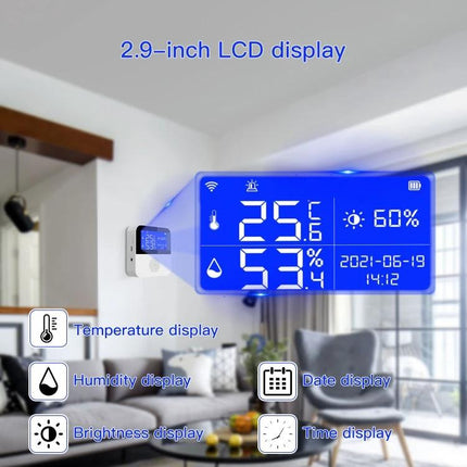 Tuya WiFi Temperature and Humidity Sensor for Home Monitoring wall-mounted 2.9-inch LCD display showing 25°C and 53% humidity