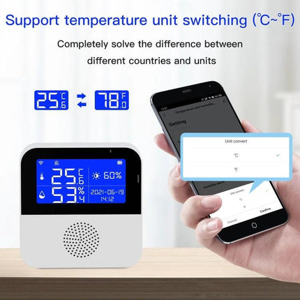 Tuya WiFi Temperature and Humidity Sensor for Home Monitoring showing Celsius and Fahrenheit unit switching on device and smartphone