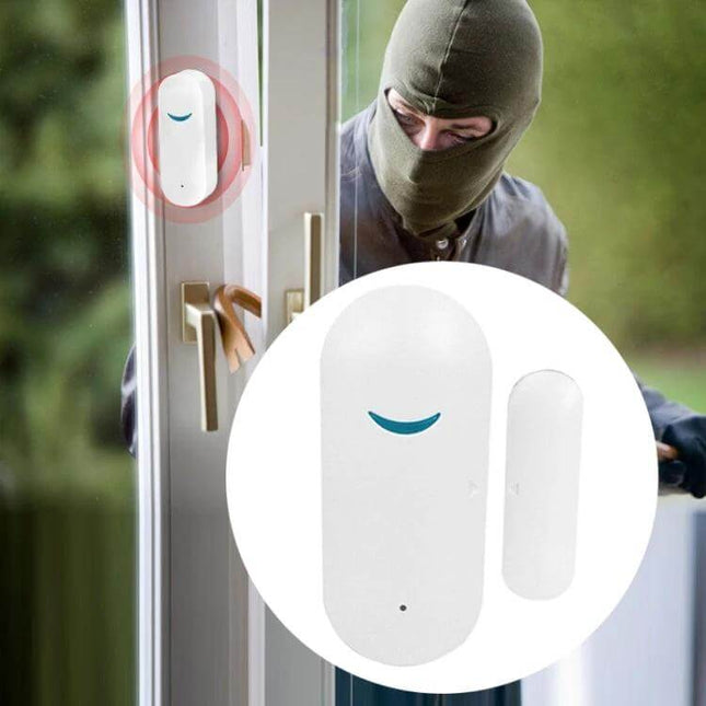 Tuya WiFi Door Magnetic Sensor for Remote Monitoring on front door detecting intruder and sending smartphone alert