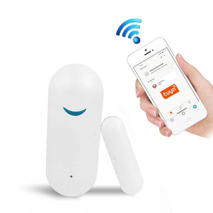 Tuya WiFi Door Magnetic Sensor for Remote Monitoring installed on a front door with smartphone app notifications for home security