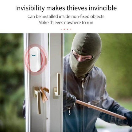 Tuya WiFi Door Magnetic Sensor for Remote Monitoring detects intruder opening a sliding door and sends instant smartphone alerts