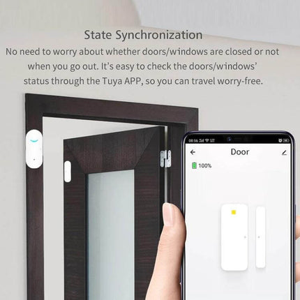 Tuya WiFi Door Magnetic Sensor for Remote Monitoring showing sensor on door and status in smartphone app