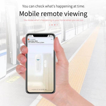 Tuya WiFi Door Magnetic Sensor for Remote Monitoring showing smartphone app alert and sensor mounted on a door for mobile remote viewing