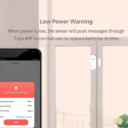 Tuya WiFi Door Magnetic Sensor for Remote Monitoring showing low power warning on smartphone and sensor mounted on door frame