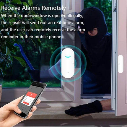 Tuya WiFi Door Magnetic Sensor for Remote Monitoring showing app alert and sensor detecting intruder at open window