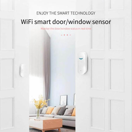 Tuya WiFi Door Magnetic Sensor for Remote Monitoring mounted on white door frame showing open door and living room interior