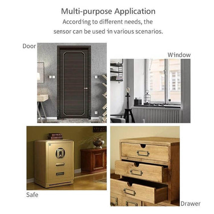 Tuya WiFi Door Magnetic Sensor for Remote Monitoring mounted on door, window, safe and drawer for instant remote security alerts