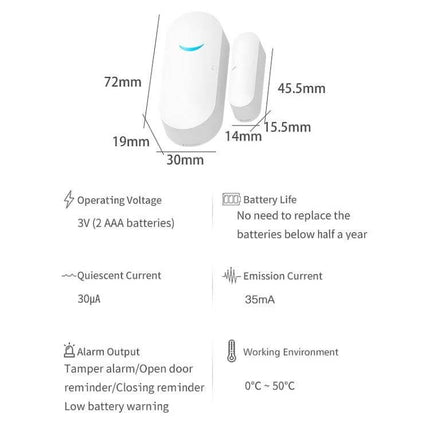 Tuya WiFi Door Magnetic Sensor for Remote Monitoring showing sensor dimensions, battery life, voltage and specs for door/window security