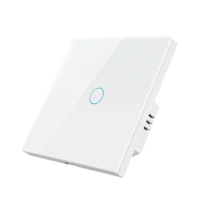 Tuya Smart Touch Wall Switch for Voice-Controlled Home Lighting white glass touch panel with single blue LED circle, Alexa compatible smart home switch