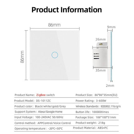Tuya Smart Touch Wall Switch for Voice-Controlled Home Lighting - white glass touch panel with dimensions and ZigBee specs