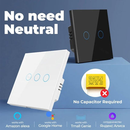 Tuya Smart Touch Wall Switch for Voice-Controlled Home Lighting - modern no-neutral touch switch compatible with Alexa and Google Home