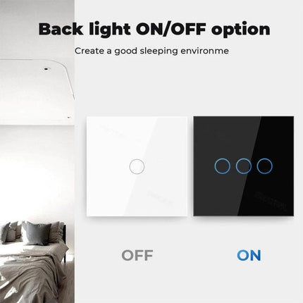 Tuya Smart Touch Wall Switch for Voice-Controlled Home Lighting showing backlight ON/OFF with white switch OFF and black switch ON