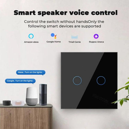 Tuya Smart Touch Wall Switch for Voice-Controlled Home Lighting black glass panel showing dual touch circles with Alexa and Google Home voice control