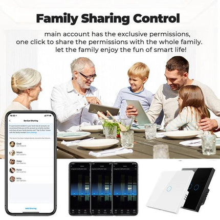 Tuya Smart Touch Wall Switch for Voice-Controlled Home Lighting showing family sharing control, app device-sharing screen and touch switch panel