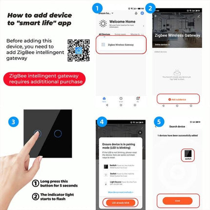 Tuya Smart Touch Wall Switch for Voice-Controlled Home Lighting setup guide showing app pairing, ZigBee gateway note, touch switch press, and successful device added