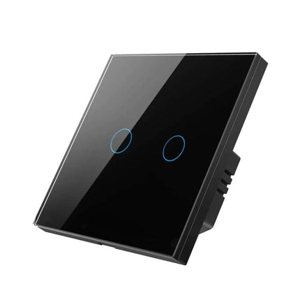 Tuya Smart Touch Wall Switch for Voice-Controlled Home Lighting black glass 2-touch panel with blue LED rings, voice assistant compatible