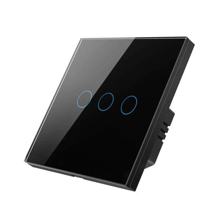 Tuya Smart Touch Wall Switch for Voice-Controlled Home Lighting - black glass 3-touch panel with blue LED rings, Alexa-compatible smart light control