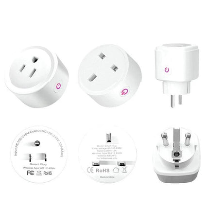 Tuya Smart WiFi Socket for Remote App and Voice Control — white smart plug shown from multiple angles, app and voice controlled energy-saving socket